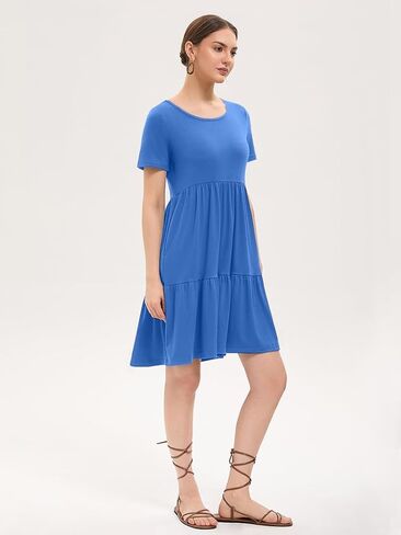 Women's Summer Casual Dress Short Sleeve Crewneck T Shirt Sundress Mini Beach Vacation Dresses with Pockets in Saudi Arabia