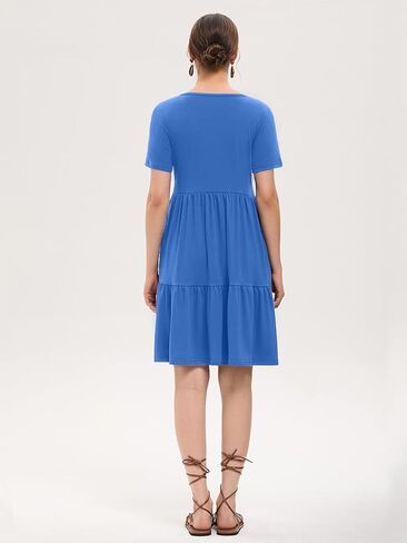 Women's Summer Casual Dress Short Sleeve Crewneck T Shirt Sundress Mini Beach Vacation Dresses with Pockets in Saudi Arabia