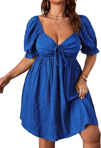 SOLY HUX Womens Plus Size Summer Dresses Sweetheart Neck Puff Short Sleeve Tie Swing A Line Midi Dress in Kuwait