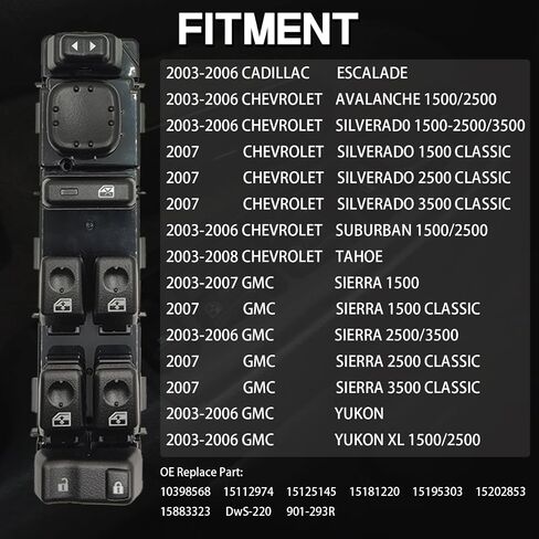 Window Switch for 2003-2007 Silverado, Chevy Avalanche, Suburban, Tahoe. GMC Sierra, Yukon, Yukon XL & Cadillac Escalade, Front Driver Side Master Power Window Switch 15883323 in Saudi Arabia