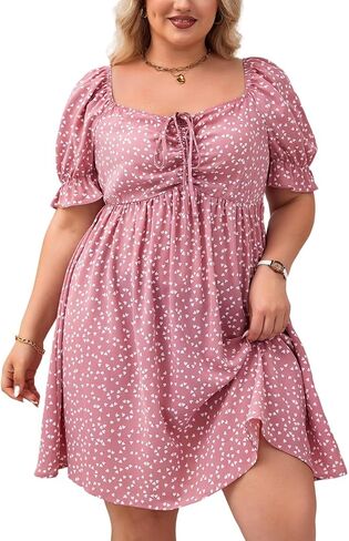 SOLY HUX Womens Plus Size Summer Dresses Sweetheart Neck Puff Short Sleeve Tie Swing A Line Midi Dress in Kuwait