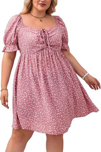 SOLY HUX Womens Plus Size Summer Dresses Sweetheart Neck Puff Short Sleeve Tie Swing A Line Midi Dress in Kuwait