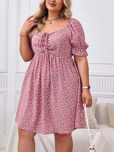 SOLY HUX Womens Plus Size Summer Dresses Sweetheart Neck Puff Short Sleeve Tie Swing A Line Midi Dress in Kuwait