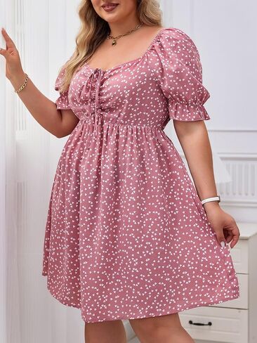 SOLY HUX Womens Plus Size Summer Dresses Sweetheart Neck Puff Short Sleeve Tie Swing A Line Midi Dress in Kuwait