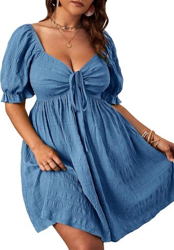 SOLY HUX Womens Plus Size Summer Dresses Sweetheart Neck Puff Short Sleeve Tie Swing A Line Midi Dress in Kuwait