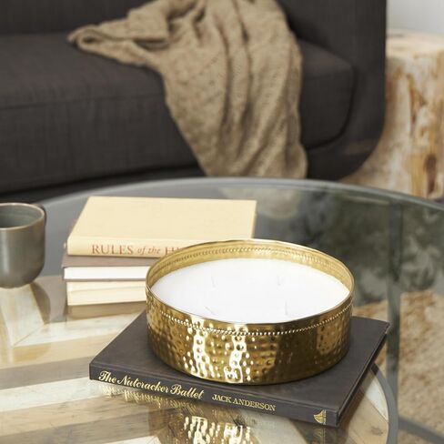 Deco 79 Metal Decorative Candle Jasmine Scented Wide Hammered 60 oz 4 Wick Aromatherapy Candle with White Wax, Wax Aromatherapy Candle 9" x 9" x 3", Gold in Saudi Arabia