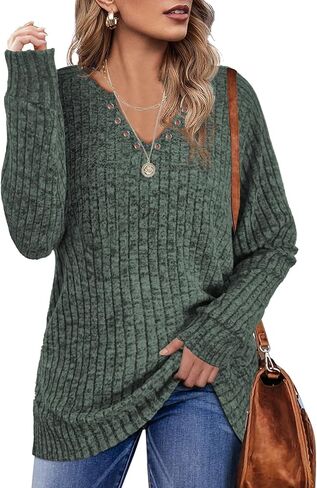 بلايز نسائية موضة خريف 2023 سويت شيرت للنساء سترات قمصان طويلة الأكمام رقبة على شكل حرف V ملابس للسيدات بلوزات كاجوال أنيقة تونيك عصري أخضر X-Large in Kuwait