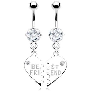 Forbidden Body Jewelry Surgical Steel Set of Best Friend Matching Dangle Heart Belly Button Rings