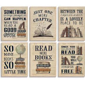 6Pcs Vintage Reading Wall Art Retro Book Posters Wall Decor Read More Books Quote Pictures Inspirational Reading Poster Prints For Home Office Reading Room Classroom Library Cafe Home Decoration 8X10