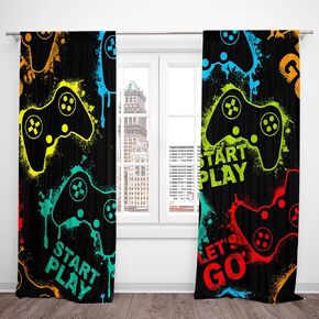 Neon Gamepad Game Modern Gaming Window Curtains Start Play Teen Boys Video Game Room Nursery Bedroom Living Room Window Decor Polyester Fabric Supplies 41 x 82 Inch Window Drapes 2 Panels