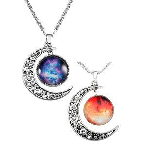 COLORFUL BLING 2PCS Galaxy Crescent Moon Pendant Necklaces Jewelry