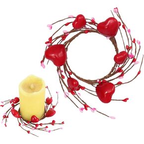 Valentine's Day Red Heart Candle Ring Valentine Red Berry Garland Wreaths Mini Red Berry Valentine Candle Holder Table Centerpiece for Mother's Day Valentine's Day Birthday Party Decoration
