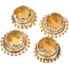 Set of 4 Jute Ring with Moti Beads T Light Holder Candle Stand Tealight T-Light Holders Lightning Festival of Lights Diwali Decoration Accessory Wedding Home Decor(Without Wax)(Size:-2.5")(Colorful)
