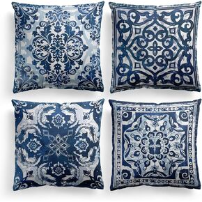 Blue Throw Pillow Covers - Linen Blue Pillow Covers 18x18 Set of 4, Decorative Blue and White Pillow Covers, Chinoiserie Pillow Cover, Chinoiserie Decor