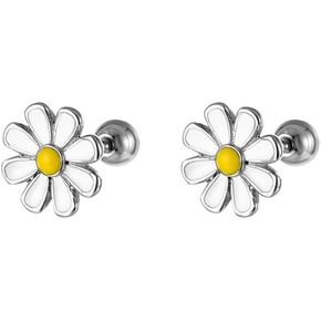 18G Cute Daisy Flower Cartilage Small Stud Earrings for Women Dainty 316L Stainless Steel Silver Plated White Yellow Enamel Sun Flower Sleeper Tragus Studs Screw Back Fashion Jewelry Gifts Hypoallergenic Daughter Xmas