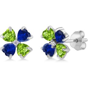 Gem Stone King 3.15 Cttw Green Peridot and Blue Created Sapphire Earrings For Women | 925 Sterling Silver | Gemstone August Birthstone | Heart Shape 4MM | Fine Jewelry Gifts for Her Mom Women Wife