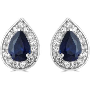 Jewelili Stud Earrings Sterling Silver, Pear Created Blue Sapphire and Round Created White Sapphire