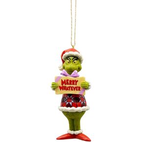 Enesco Dr. Seuss Grinch by Jim Shore Merry Whatever Sign Santa Grinch Hanging Ornament, Hand Crafted, Hand Painted Collectible Christmas Tree Ornaments Home Decor Collection Gift, 5 Inch, Multicolor