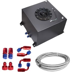 Universal 5 Gallon 20L Fuel Cell Tank Polished Aluminum Black with Cap/Level Sender/12FT Oil Feed Line
