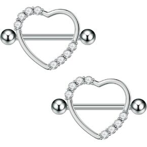 14G Stainless Steel Heart Nipple Rings for Women Silver Cubic Zirconia Love Heart Nipplerings Nipple Barbell Shield Studs Nipple Piercing Jewelry
