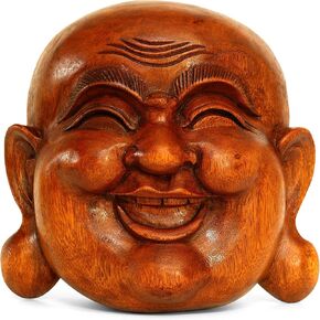 G6 Collection Wooden Wall Mask Laughing Smiling Happy Buddha Head Statue Hand Carved Stand Alone Sculpture Handmade Figurine Home Decor Handcrafted Art Wall Hanging Happy Buddha Mask