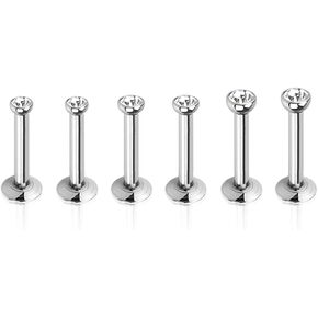 6pc Multi Size 16g 1.2mm Surgical Steel Internally Threaded Monroe Lip Bar CZ Crystal Labret Ring Ear Tragus Stud Body Piercing