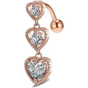 14G Triple Heart Reverse Dangle Belly Button Rings for Women Stainless Steel Cubic Zirconia Dangling Belly Navel Barbell Body Piercing Jewelry