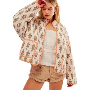 Women's Winter Quilted Lightweight Jackets Cropped Floral Print Oversized Padded Puffer Coat