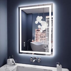 Amorho LED Mirror for Bathroom 24X36 Inch with Backlight and Front Lit, Fogless Mirror for Wall Mounted, Dimmable, 3 Colors, Memory