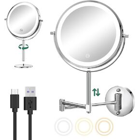 Anfauny 8" Rechargeable Wall Mounted and Tabletop Lighted Makeup Mirror, Height Adjustable Bathroom Mirror, 1X/10X Magnifying LED Vanity Mirror with 3 Color Lights, 360° Swivel Extendable Arm