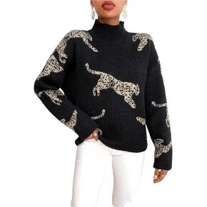 GORGLITTER Women's Mock Neck Leopard Pattern Sweater Long Sleeve Drop Shoulder Knit Pullover Top