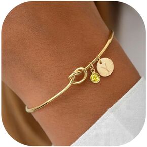 Initial Birthstone Gold Bracelets for Women Bridesmaid Proposal Gift Tie the Love Knot Cuff Bangle Bracelet 14K Gold Plated Adjustable Birthstone Bracelets Personalized A-Z Initial Charm Birthday Gift