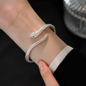 Mnyixsi Snake Bracelet Sterling Silver Open Bangle Serpent Bracelet with Emerald Zircon Vintage Silver Bracelet for Women womens Jewelry Gift