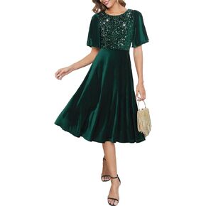 Meetjen Women's Velvet Dresses Crew Neck Fall Wedding Guest Elegant Short Sleeve Midi Sequin Cocktail Party Dress