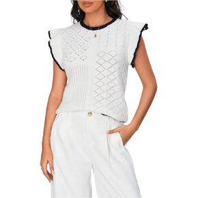 MakeMeChic Women's Contrast Binding Ruffle Sleeve Vest Crew Neck Knit Sweater Pullovers