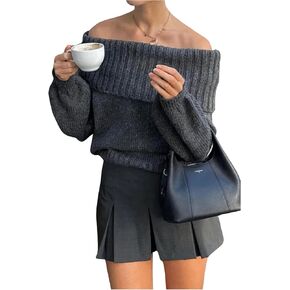 Floerns Women's Off Shoulder Sweater Long Sleeve Fold Over Winter Fall Pullover Tops