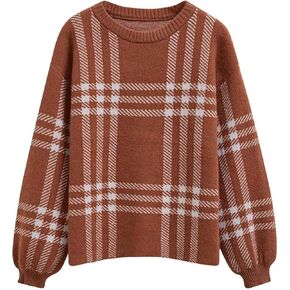 CHICWISH 2023 Fall Winter Women's Caramel Classic Plaid Round Neck Oversized Sweaters Long Sleeve Casual Knit Pullover Tops