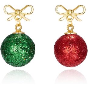 Christmas Round Ball Dangle Drop Earrings for Girls Women Red Green Ball Dangling Stud Earrings Bow Knot Christmas Earrings Cute Xmas Jewelry Gifts