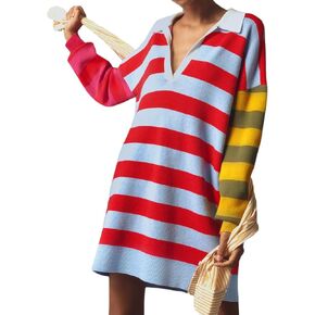 LifeShe Women's Striped Sweater Dress Long Sleeve V Neck Oversized Pullover Sweaters Fall Outfits