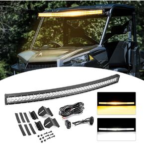 Wsays 52 Inch 300w Dual Row Curved Amber/White Strobe LED Light Bar with Wiring Harness Kit & Upper Windshield Pro-fit Cage Mounting Brackets Compatible with Polaris Ranger 500 570 900 1000