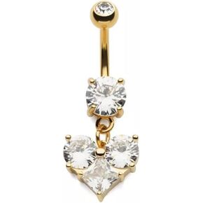 Pierced Owl 14GA Gold Plated 316L Stainless Steel Prong Set CZ Crystal Heart Dangling Belly Button Ring