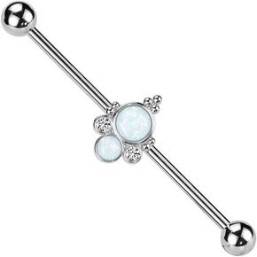 Pierced Owl 14GA 316L Stainless Steel Double Opalite with CZ Crystals Center Industrial Barbell