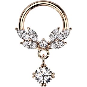 Pierced Owl 16GA 316L Stainless Steel CZ Crystal Vine with Dangling Gem Hinged Segment Ring