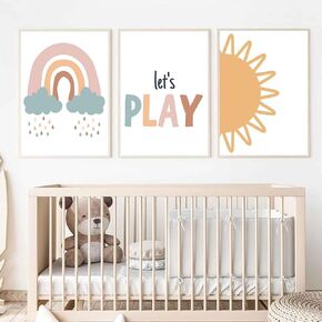 3Pcs Playroom Nursery Canvas Wall Art Boho Baby Girl Rainbow Wall Decor Pictures Kids Room Art Posters Prints for Toddler Boys Bedroom Decoration,12x16in canvas