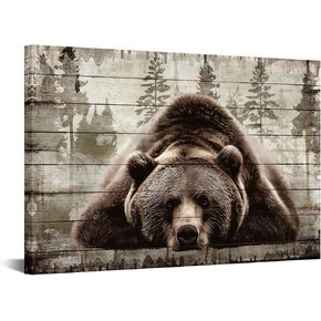 iKNOW FOTO Brown Wall Art Painting Grizzly Bear Prints On Canvas Vintage Forest Wildlife Animal Pictures Wall Art for Home Cabin Decoration Rustic Farmhouse Decor 24x36 Inches