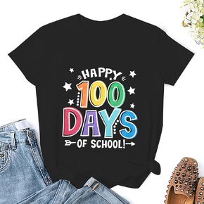 100 يوم من المدرسة قميص المرأة: سعيد 100th يوم المدرسة تي شيرت مضحك المعلم الطالب تي شيرت قصير الأكمام المحملة