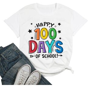 100 Days of School Shirt Women: Happy 100th Day School T-Shirt Funny Teacher Student Tee Tops Short Sleeve Tee