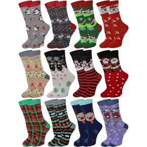 12 Pairs Pack Women Christmas Happy Holidays Novelty Crew Socks