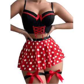 Verdusa Women's 5 Piece Lingerie Set Bow Tie Camisole Polka Dots Pleated Skirt and Thong with Garter