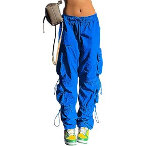 QYANGG Baggy Parachute Pants for Women& Girls Drawstring Elastic Low Waist Ruched Cargo Pants Multiple Pockets Jogger Y2K